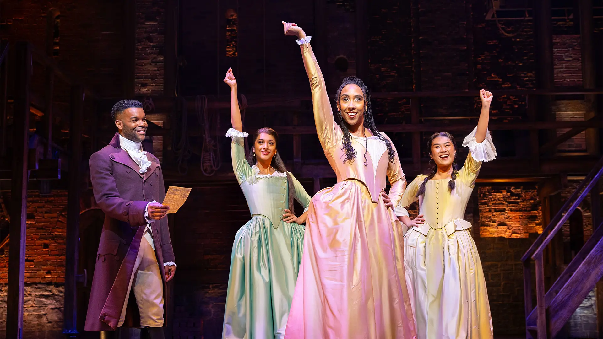 Hamilton Jay Perry as Aaron Burr, Bente Mulan as Eliza Hamilton, Emily-Mae as Angelica Schuyler and Jasmine Jia Yung Shen as Peggy. Photo Danny Kaan